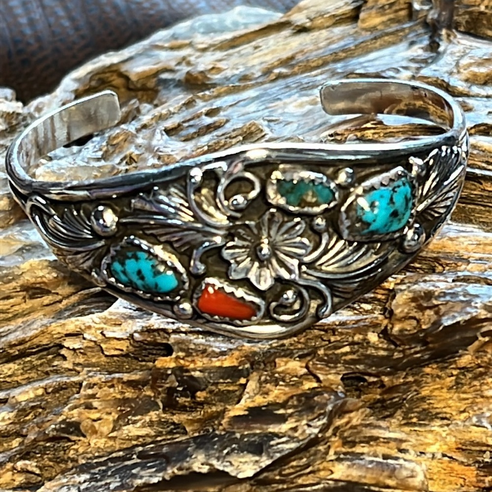 Sterling Silver, Turquoise and Coral Cuff Bracelet - Picture 2 of 9